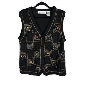 Retro Beaded Knit Sweater Vest Black XL Jeweled Colorful Boho Indie Festive 80s